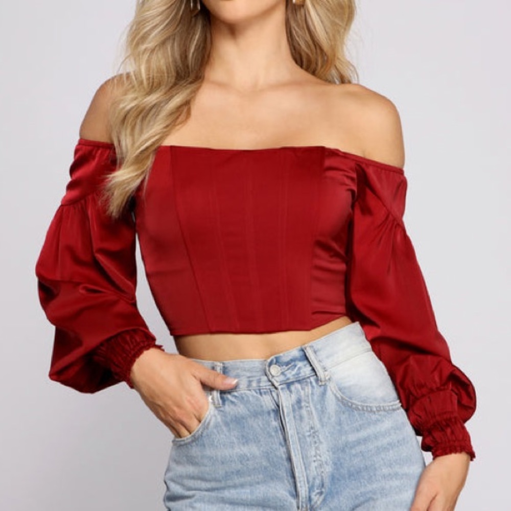Windsor Deep Red Corset Balloon Long Sleeve Crop Blouse Top